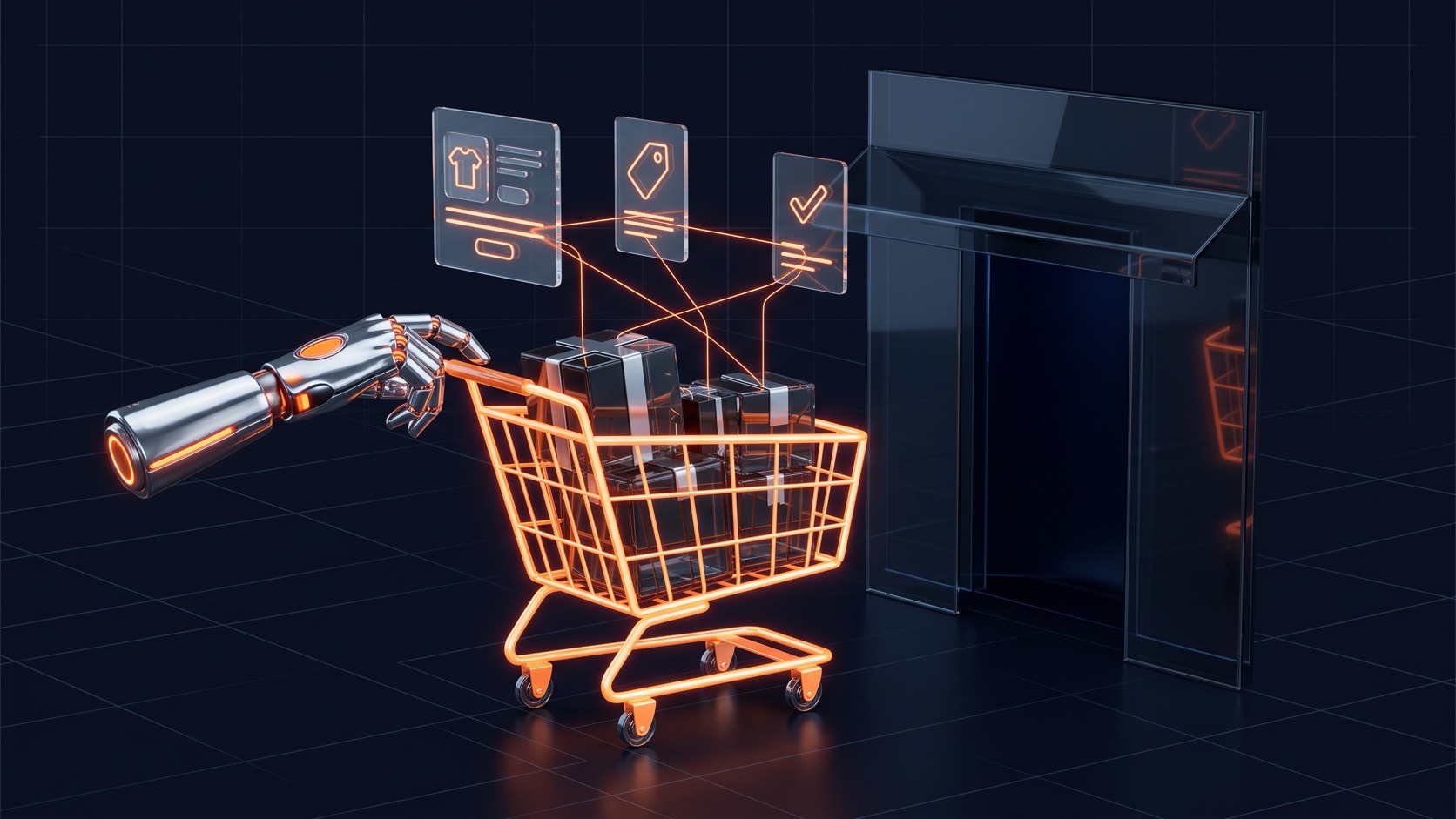 EcomExpo editorial illustration: a robotic hand pushing a shopping cart toward a storefront, guided by machine-readable product data
