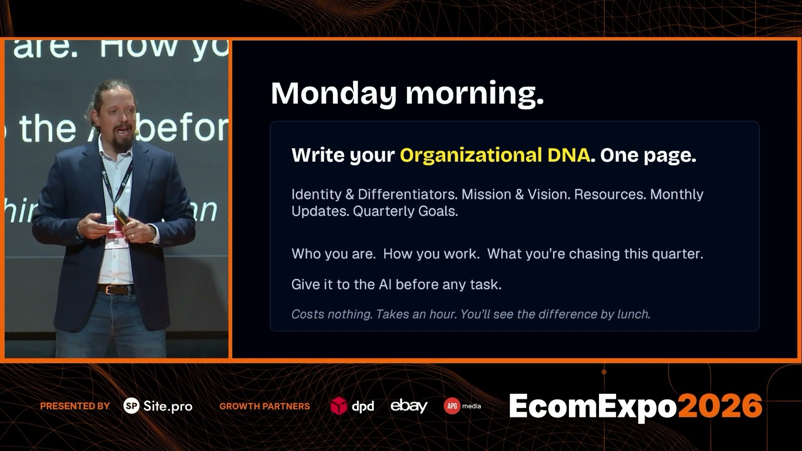 Slide titled Monday morning: write your organizational DNA on one page, covering identity, mission, resources, monthly updates and quarterly goals, and give it to the AI before any task