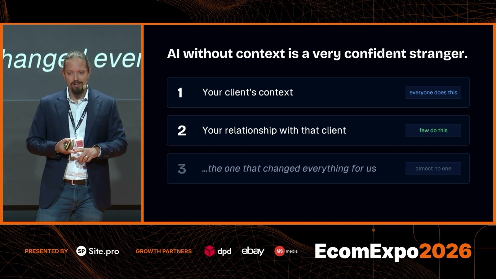 Slide titled AI without context is a very confident stranger, listing three layers: your client's context (everyone does this), your relationship with that client (few do this) and a third layer (almost no one)