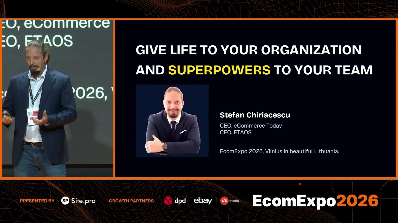Stefan Chiriacescu on stage at EcomExpo 2026 next to the title slide of his talk