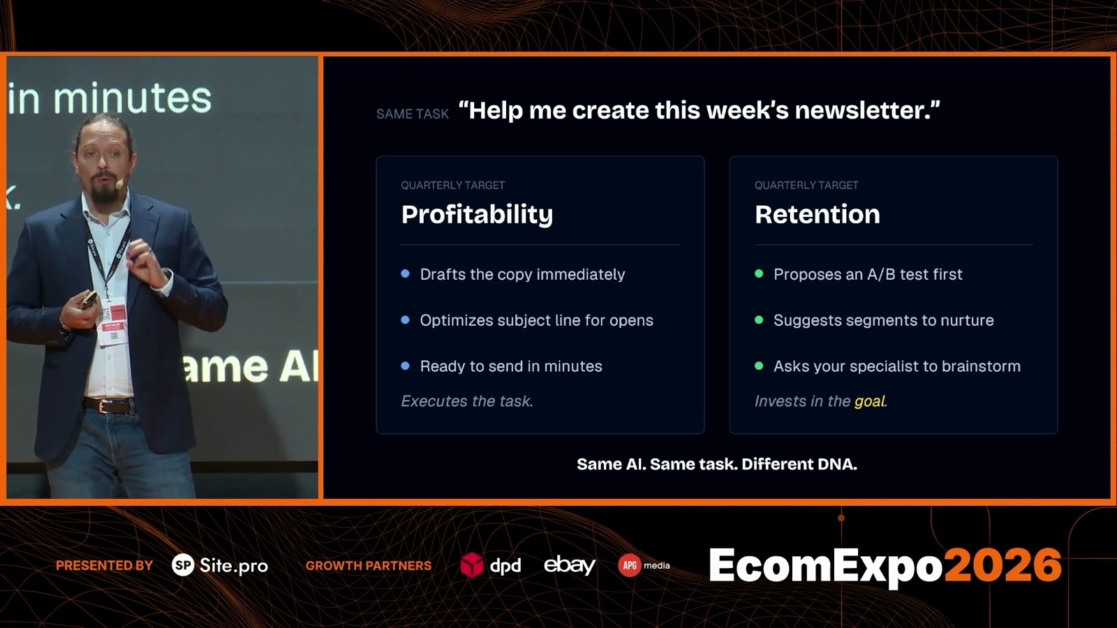 Stefan Chiriacescu on the EcomExpo 2026 Deep Dive stage beside a slide comparing how the same newsletter request is handled under a profitability target and a retention target