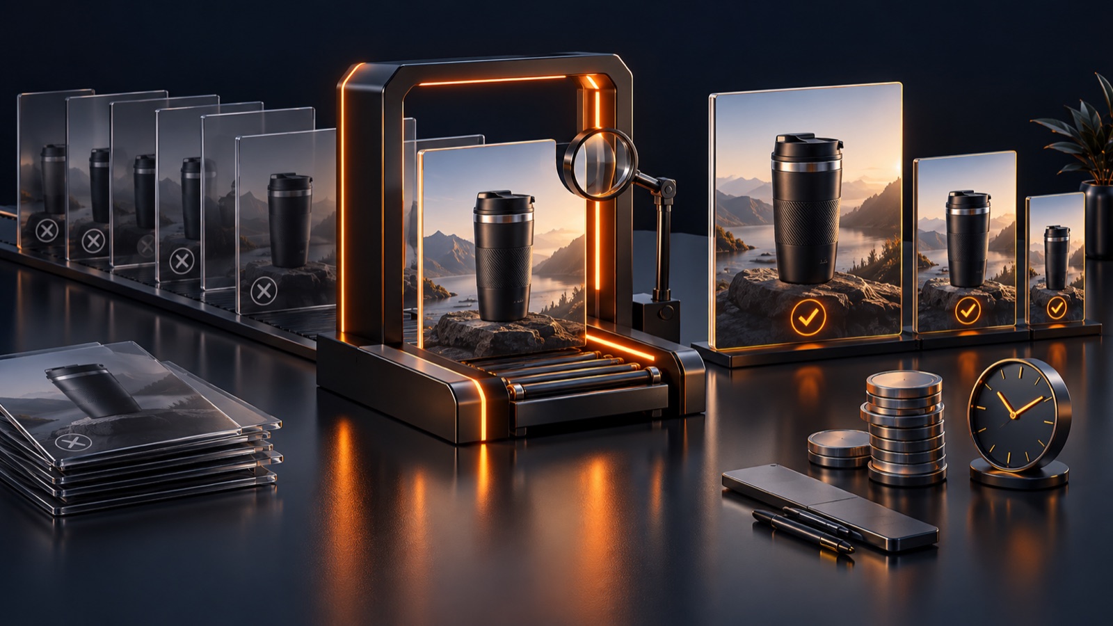 Travel-mug ad candidates passing through an orange review gate towards an approved master and its required export formats