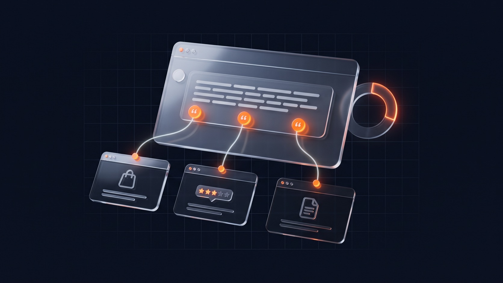 Illustration: an AI answer window citing three third-party web pages, with a share-of-voice ring