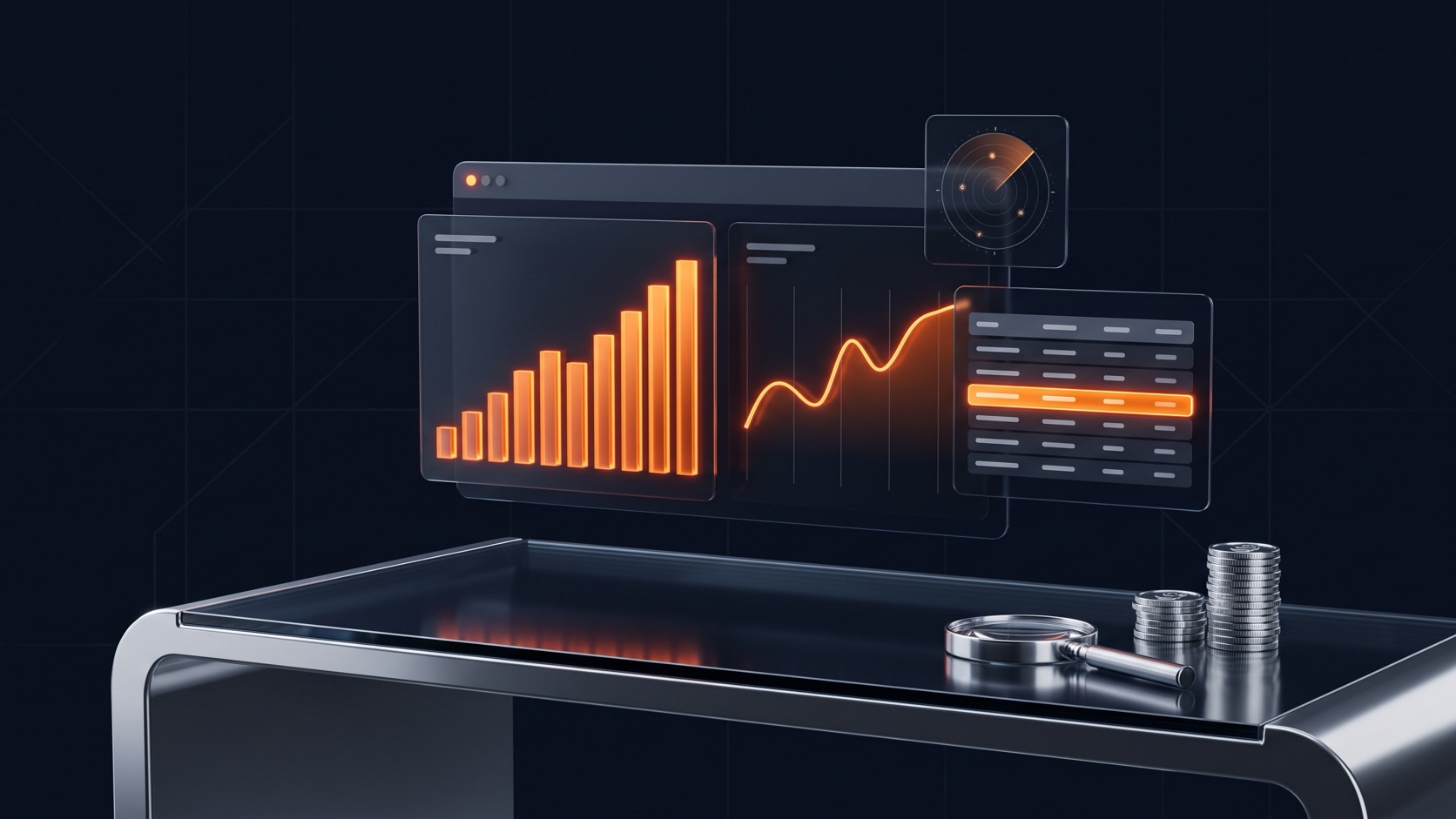 Illustration: AI-visibility dashboards with share-of-voice charts, a tracker widget, a magnifying glass and coins
