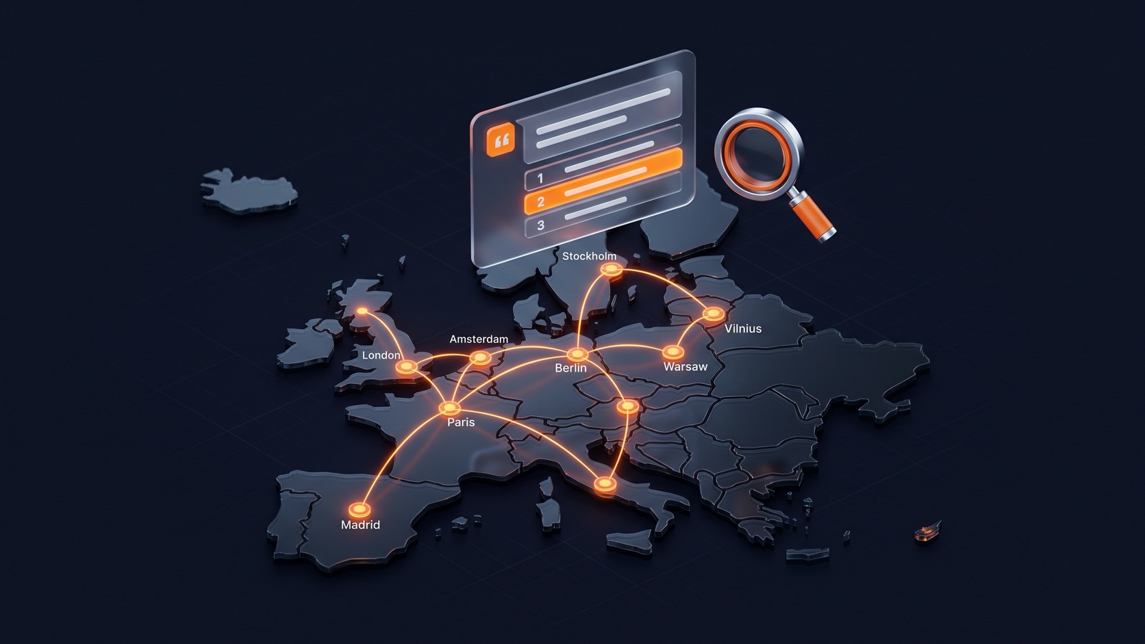 EcomExpo editorial illustration: a map of Europe with glowing network nodes over major cities and an AI answer panel citing a ranked list