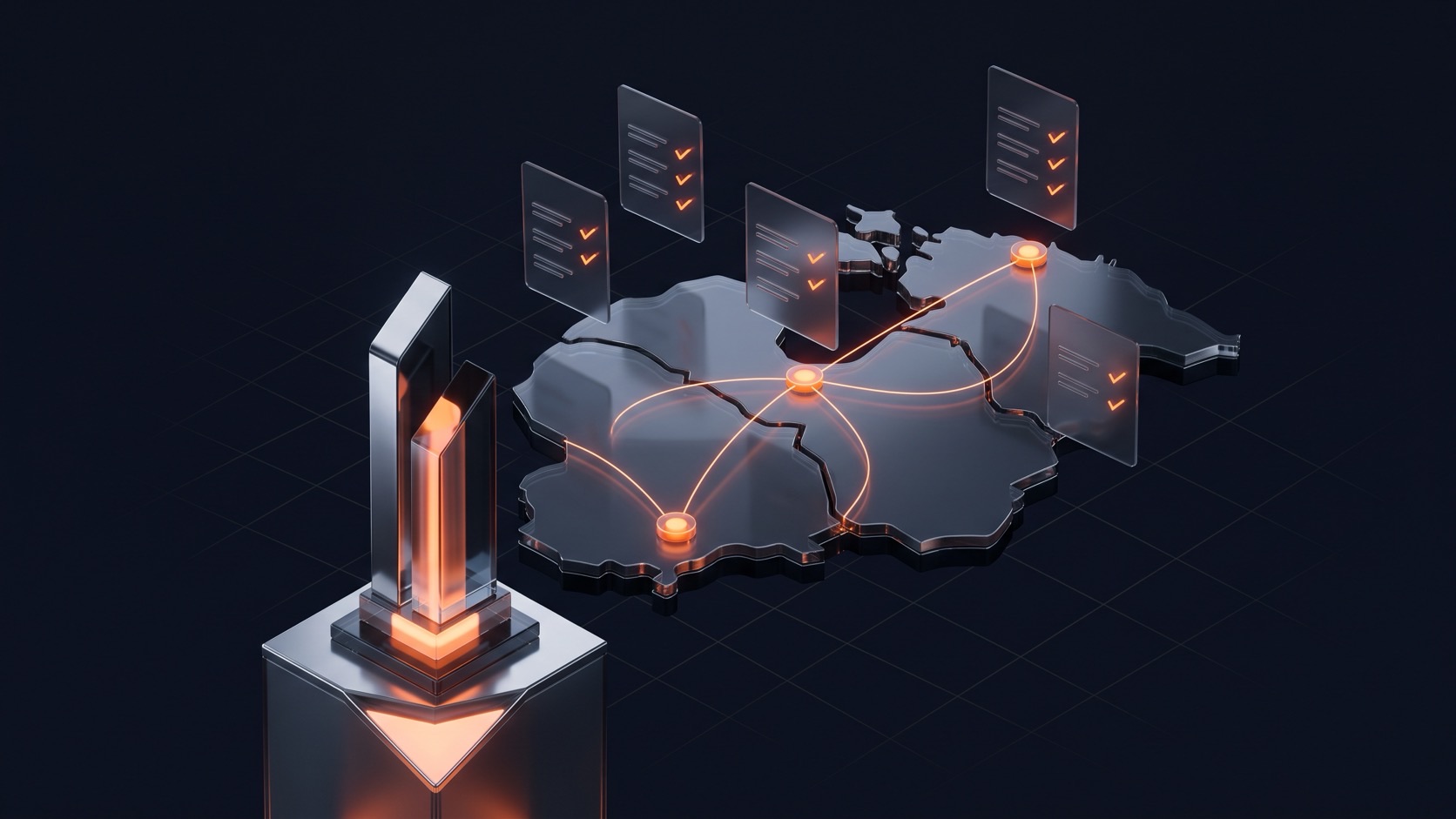 EcomExpo editorial illustration: an award trophy in front of a map of the Baltic states with entry checklists