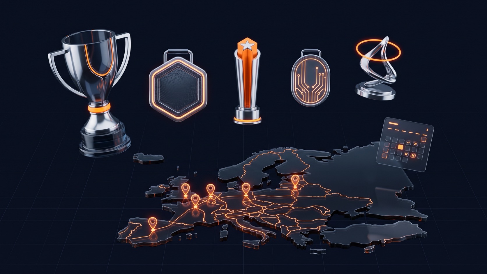 EcomExpo editorial illustration: five trophies and medals above a map of Europe with award-city pins