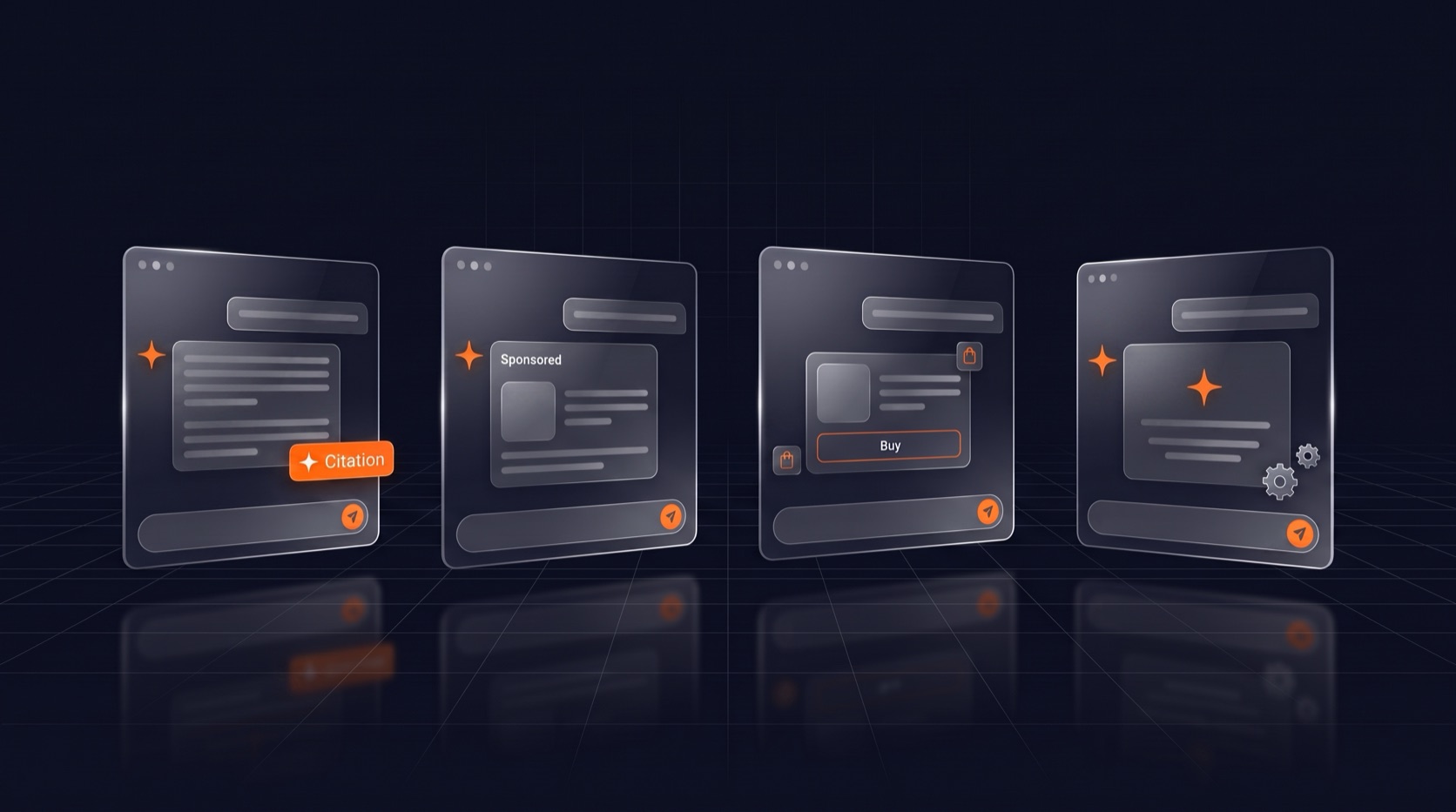 Illustration: four glass chat panels showing the four jobs of a ChatGPT agency, a cited answer, a Sponsored ad card, a product card with a Buy button, and a custom assistant