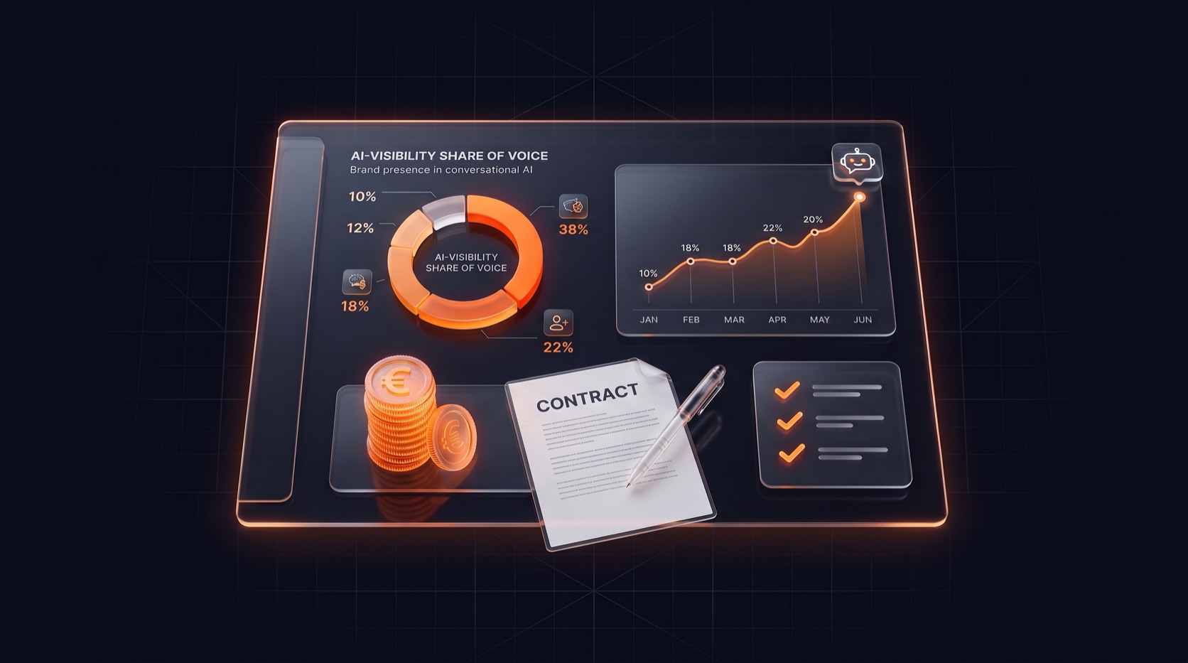 Illustration: a dark glass dashboard with an AI-visibility share-of-voice ring, a rising line chart, euro coins, a contract and a checklist