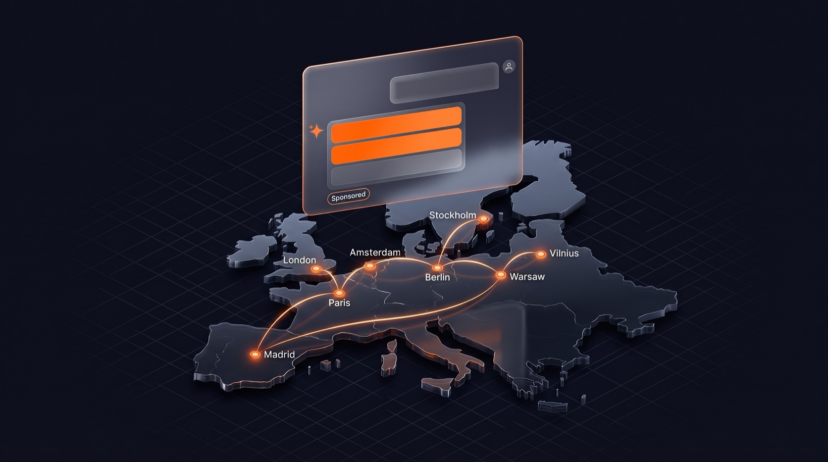 EcomExpo editorial illustration: an isometric map of Europe with glowing nodes over London, Paris, Amsterdam, Berlin, Stockholm, Warsaw, Vilnius and Madrid, under a floating AI chat window showing a ranked answer and a Sponsored label