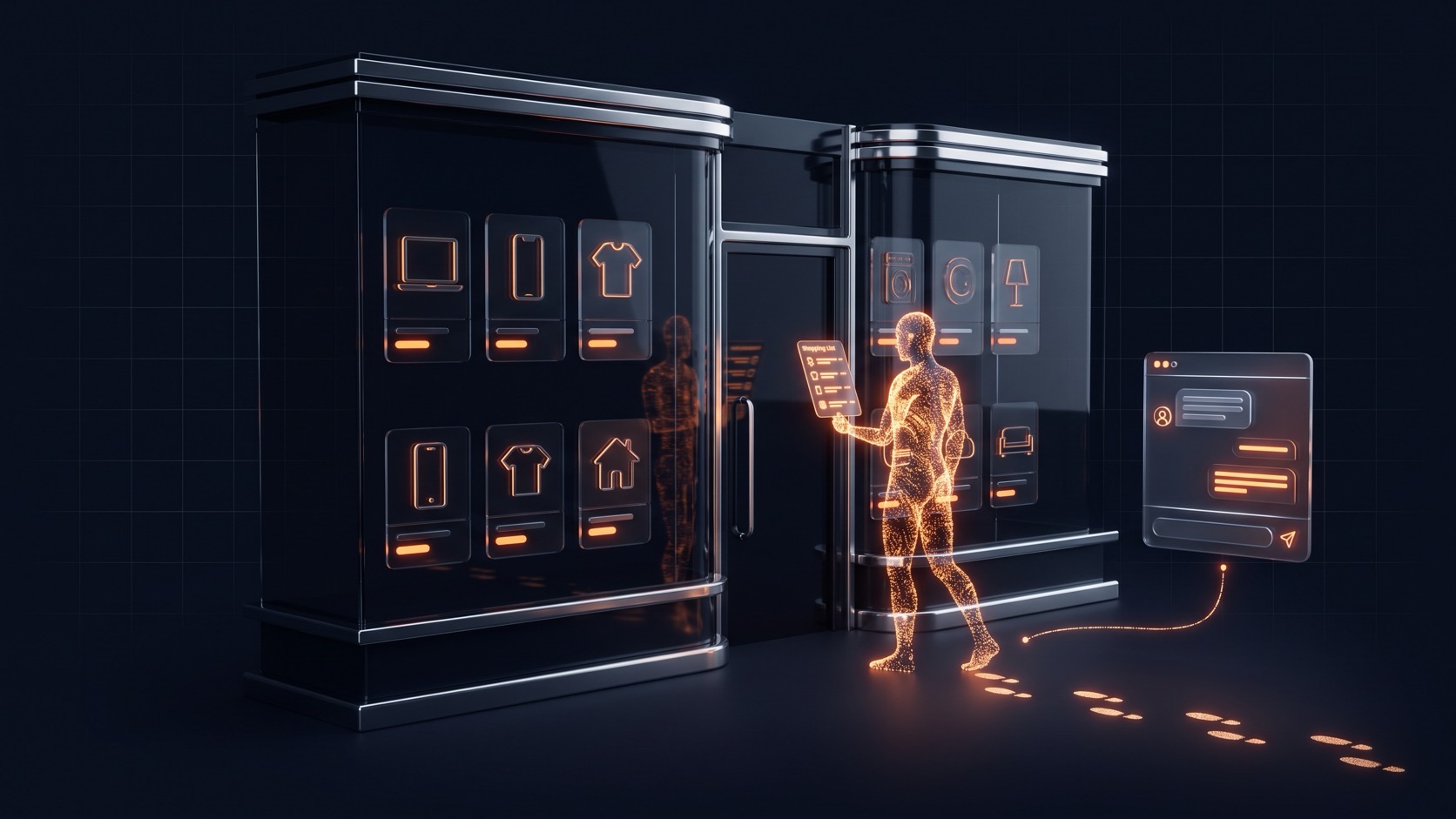 EcomExpo editorial illustration: an AI agent made of light standing at the door of an online storefront
