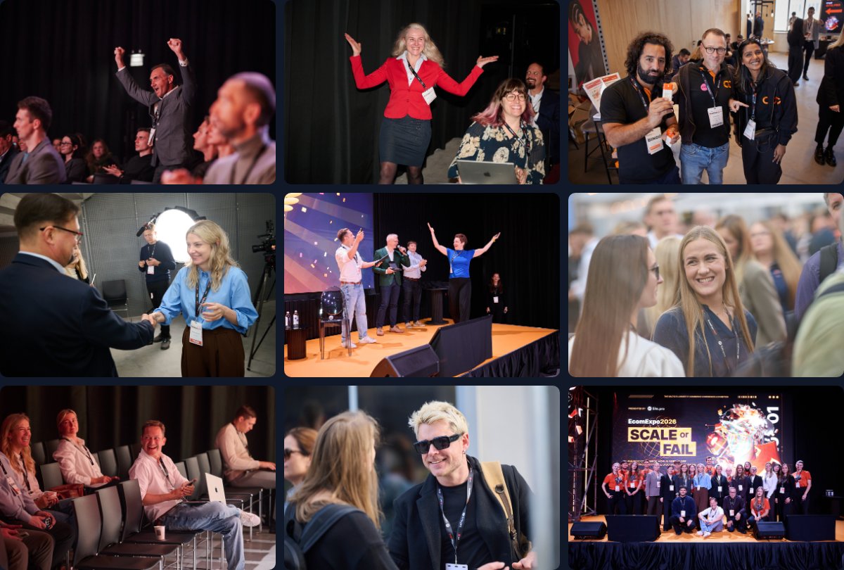 Nine photos from EcomExpo 2026: cheering attendees, speakers on stage, conversations in the expo hall and the team photo in front of the Scale or Fail screen
