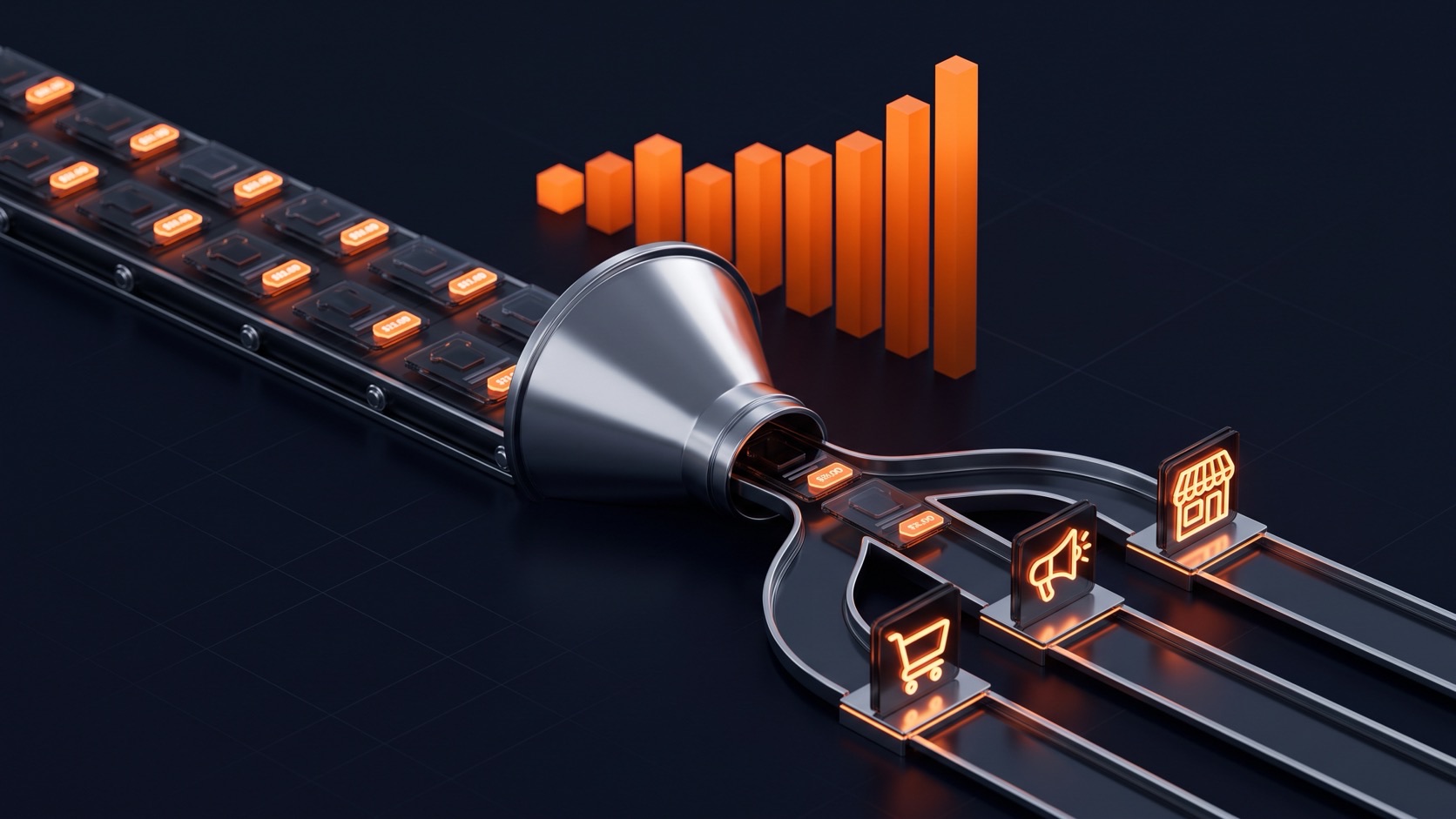 Illustration: a product feed flowing through a funnel into shopping ads, paid social and marketplace channels