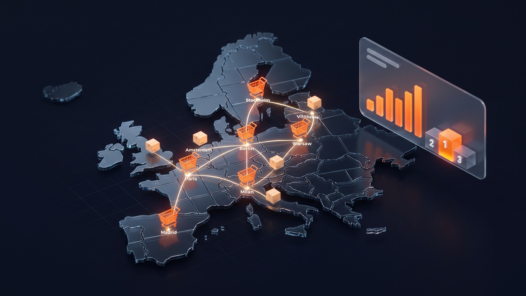 EcomExpo editorial illustration: a map of Europe with glowing shopping carts and parcels linking major cities, next to a growth dashboard and a podium