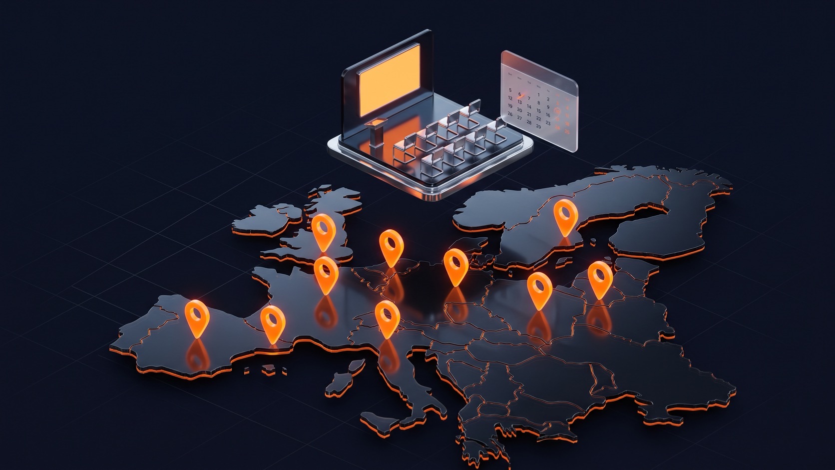 EcomExpo editorial illustration: a map of Europe with ten event pins beneath a conference stage